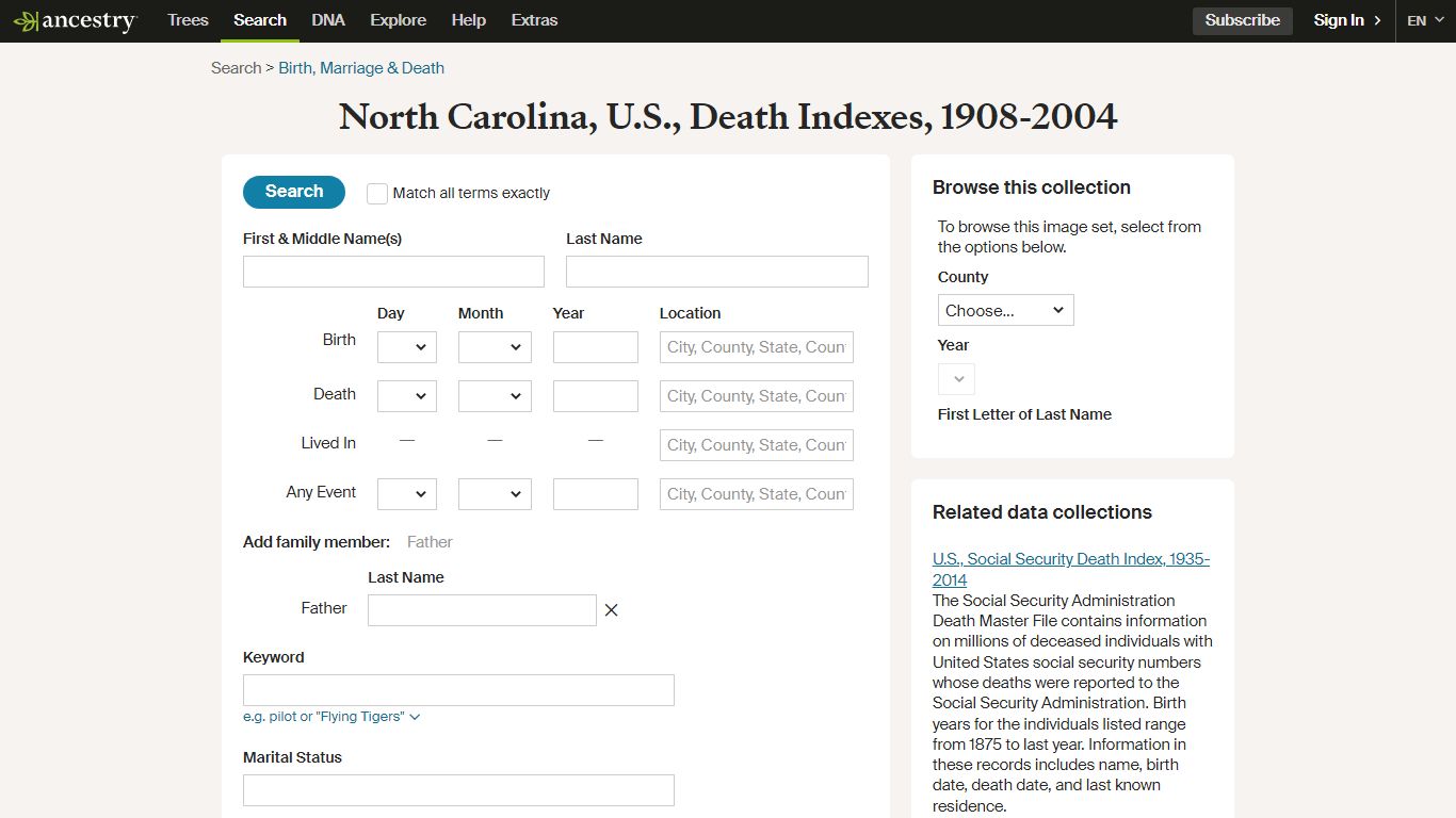 North Carolina, U.S., Death Indexes, 1908-2004 - Ancestry.com