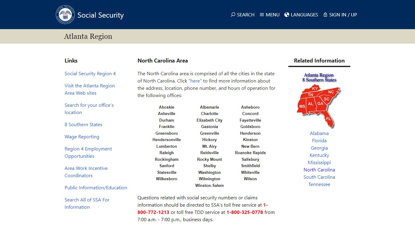 Social Security Atlanta Region North Carolina Area